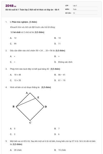 Đề thi cuối kì 1 Toán lớp 2 Kết nối tri thức có đáp án - Đề 4
