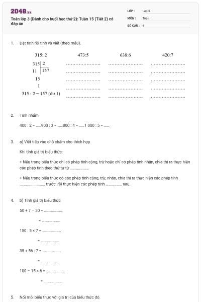 Toán lớp 3 (Dành cho buổi học thứ 2): Tuần 15 (Tiết 2) có đáp án
