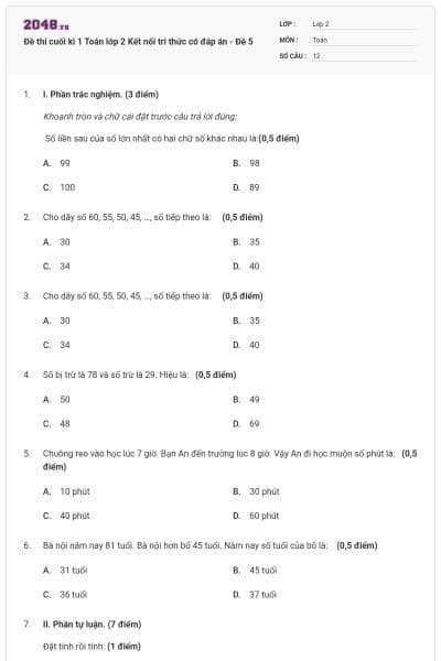 Đề thi cuối kì 1 Toán lớp 2 Kết nối tri thức có đáp án - Đề 5