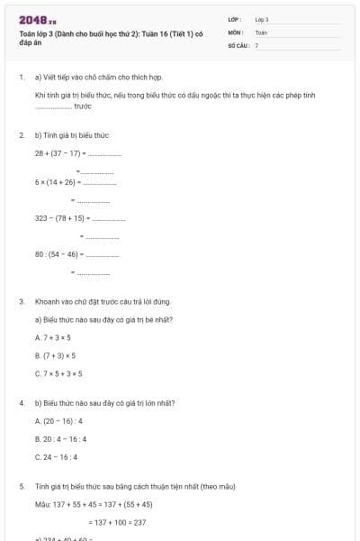 Toán lớp 3 (Dành cho buổi học thứ 2): Tuần 16 (Tiết 1) có đáp án