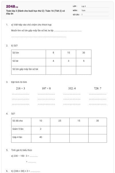 Toán lớp 3 (Dành cho buổi học thứ 2): Tuần 16 (Tiết 2) có đáp án