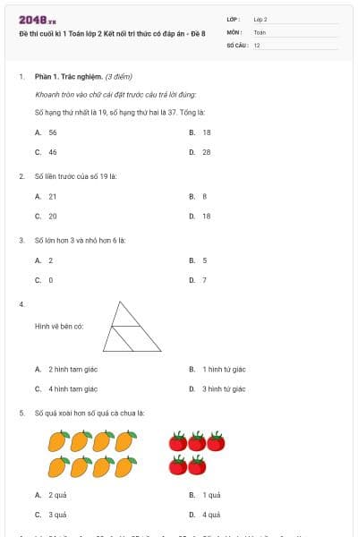Đề thi cuối kì 1 Toán lớp 2 Kết nối tri thức có đáp án - Đề 8