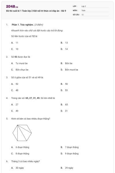 Đề thi cuối kì 1 Toán lớp 2 Kết nối tri thức có đáp án - Đề 9