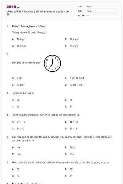 Đề thi cuối kì 1 Toán lớp 2 Kết nối tri thức có đáp án - Đề 10