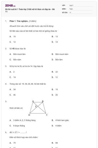 Đề thi cuối kì 1 Toán lớp 2 Kết nối tri thức có đáp án - Đề 11