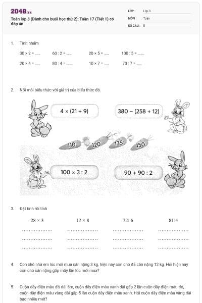 Toán lớp 3 (Dành cho buổi học thứ 2): Tuần 17 (Tiết 1) có đáp án