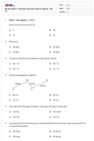 Đề thi cuối kì 1 Toán lớp 2 Kết nối tri thức có đáp án - Đề 12