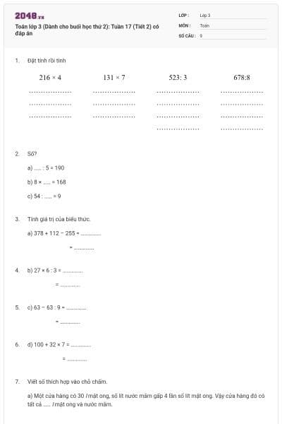Toán lớp 3 (Dành cho buổi học thứ 2): Tuần 17 (Tiết 2) có đáp án