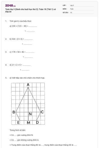Toán lớp 3 (Dành cho buổi học thứ 2): Tuần 18 (Tiết 1) có đáp án