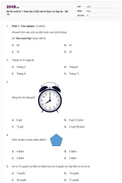 Đề thi cuối kì 1 Toán lớp 2 Kết nối tri thức có đáp án - Đề 14