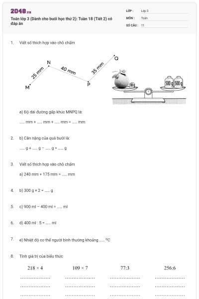 Toán lớp 3 (Dành cho buổi học thứ 2): Tuần 18 (Tiết 2) có đáp án