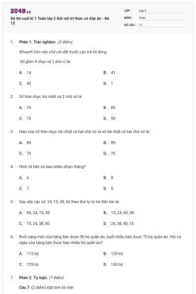 Đề thi cuối kì 1 Toán lớp 2 Kết nối tri thức có đáp án - Đề 15