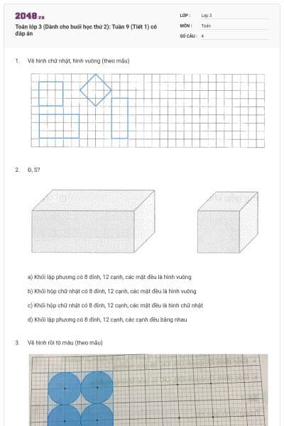 Toán lớp 3 (Dành cho buổi học thứ 2): Tuần 9 (Tiết 1) có đáp án