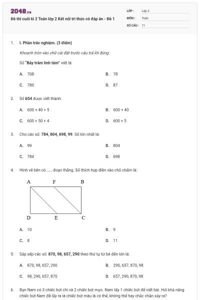 Đề thi cuối kì 2 Toán lớp 2 Kết nối tri thức có đáp án - Đề 1