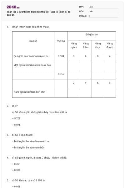 Toán lớp 3 (Dành cho buổi học thứ 2): Tuần 19 (Tiết 1) có đáp án
