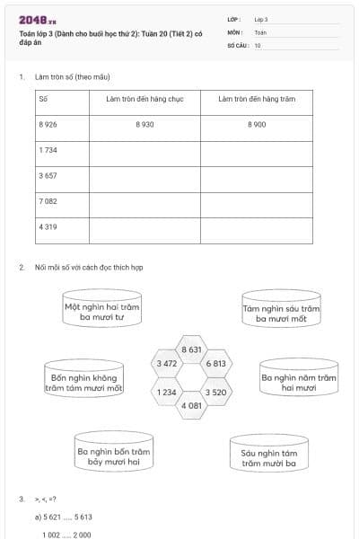 Toán lớp 3 (Dành cho buổi học thứ 2): Tuần 20 (Tiết 2) có đáp án