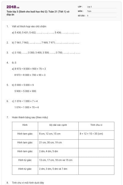 Toán lớp 3 (Dành cho buổi học thứ 2): Tuần 21 (Tiết 1) có đáp án