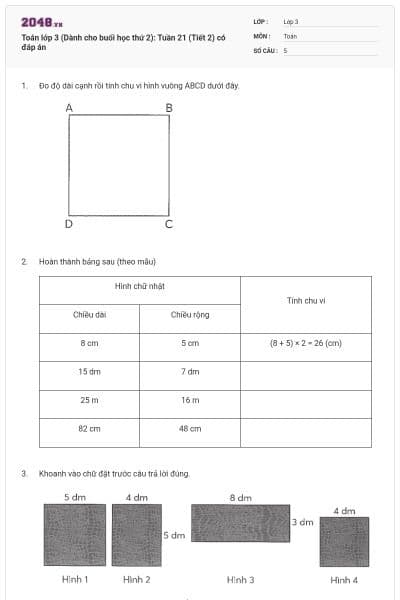 Toán lớp 3 (Dành cho buổi học thứ 2): Tuần 21 (Tiết 2) có đáp án