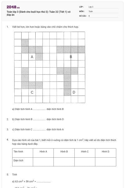 Toán lớp 3 (Dành cho buổi học thứ 2): Tuần 22 (Tiết 1) có đáp án