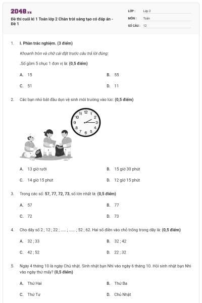 Đề thi cuối kì 1 Toán lớp 2 Chân trời sáng tạo có đáp án - Đề 1