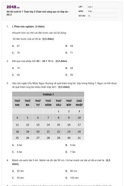 Đề thi cuối kì 1 Toán lớp 2 Chân trời sáng tạo có đáp án - Đề 2