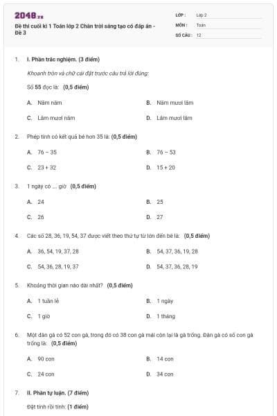 Đề thi cuối kì 1 Toán lớp 2 Chân trời sáng tạo có đáp án - Đề 3