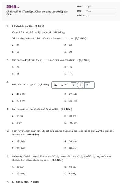 Đề thi cuối kì 1 Toán lớp 2 Chân trời sáng tạo có đáp án - Đề 4