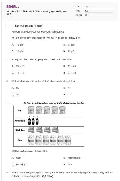 Đề thi cuối kì 1 Toán lớp 2 Chân trời sáng tạo có đáp án - Đề 5
