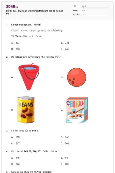 Đề thi cuối kì 2 Toán lớp 2 Chân trời sáng tạo có đáp án - Đề 1