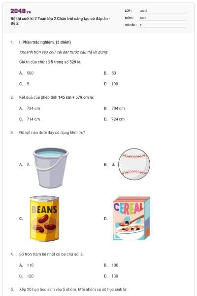 Đề thi cuối kì 2 Toán lớp 2 Chân trời sáng tạo có đáp án - Đề 2