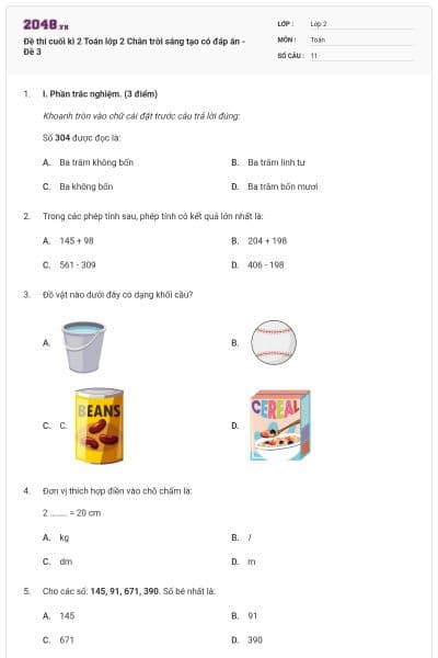 Đề thi cuối kì 2 Toán lớp 2 Chân trời sáng tạo có đáp án - Đề 3