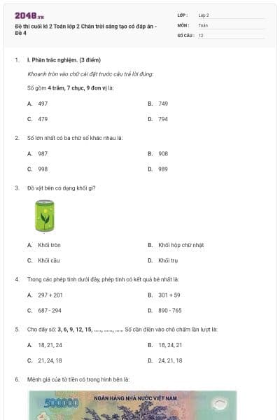 Đề thi cuối kì 2 Toán lớp 2 Chân trời sáng tạo có đáp án - Đề 4