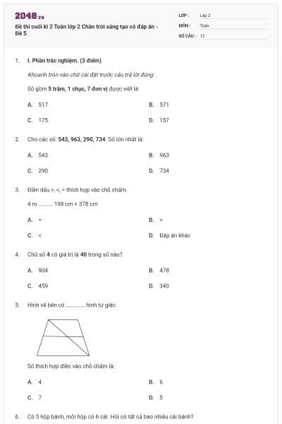 Đề thi cuối kì 2 Toán lớp 2 Chân trời sáng tạo có đáp án - Đề 5