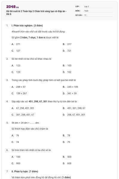 Đề thi cuối kì 2 Toán lớp 2 Chân trời sáng tạo có đáp án - Đề 6