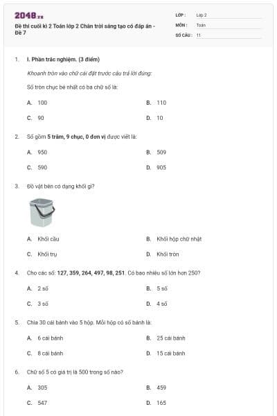Đề thi cuối kì 2 Toán lớp 2 Chân trời sáng tạo có đáp án - Đề 7
