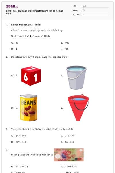 Đề thi cuối kì 2 Toán lớp 2 Chân trời sáng tạo có đáp án - Đề 8