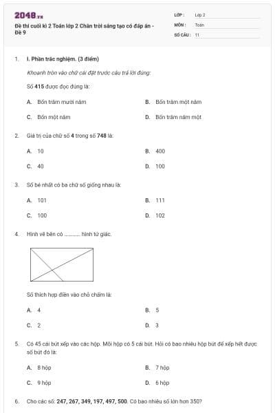 Đề thi cuối kì 2 Toán lớp 2 Chân trời sáng tạo có đáp án - Đề 9