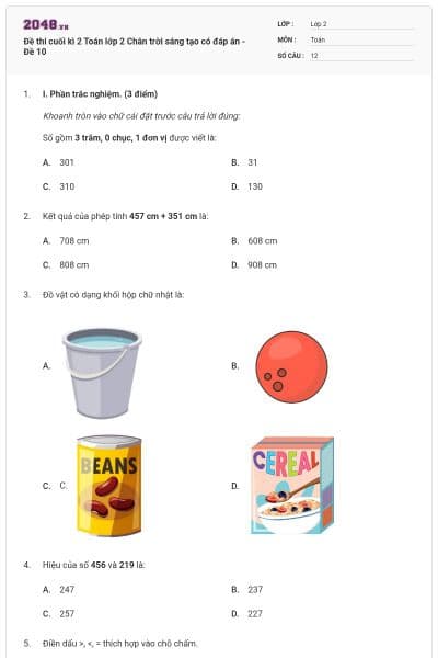 Đề thi cuối kì 2 Toán lớp 2 Chân trời sáng tạo có đáp án - Đề 10