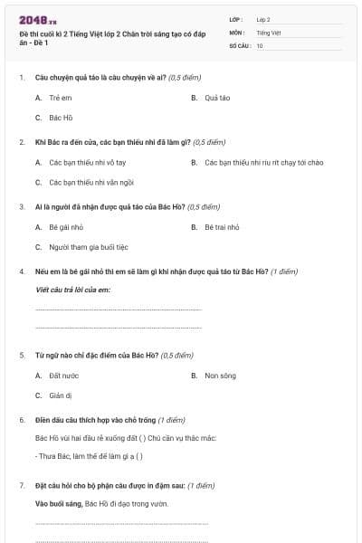 Đề thi cuối kì 2 Tiếng Việt lớp 2 Chân trời sáng tạo có đáp án - Đề 1