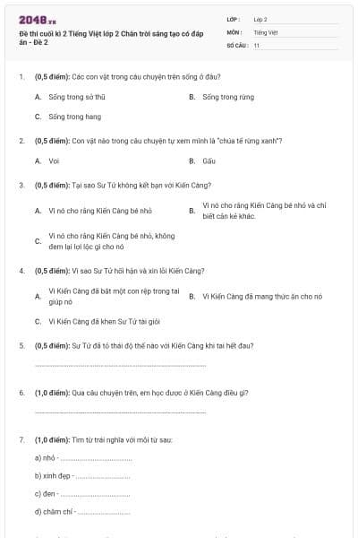 Đề thi cuối kì 2 Tiếng Việt lớp 2 Chân trời sáng tạo có đáp án - Đề 2