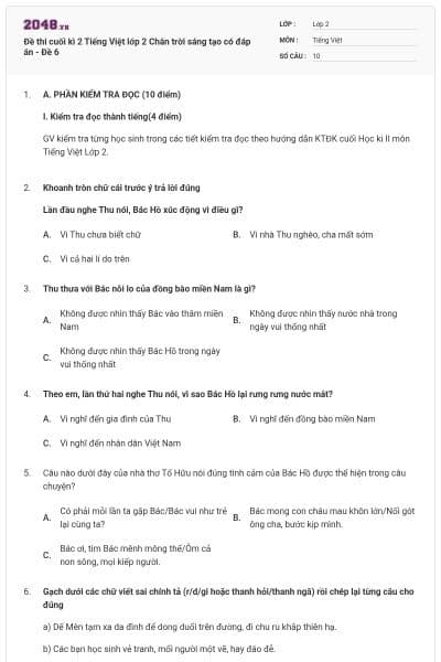 Đề thi cuối kì 2 Tiếng Việt lớp 2 Chân trời sáng tạo có đáp án - Đề 6