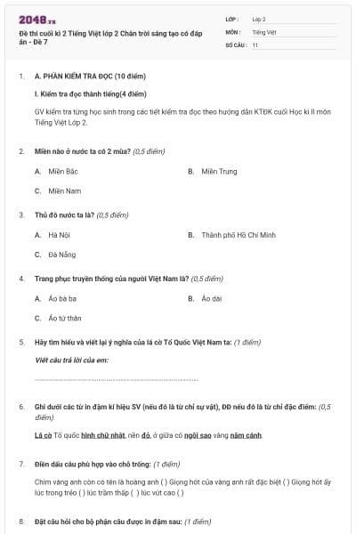 Đề thi cuối kì 2 Tiếng Việt lớp 2 Chân trời sáng tạo có đáp án - Đề 7
