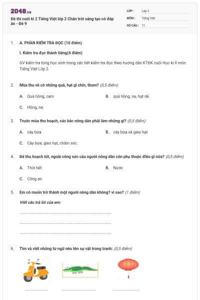 Đề thi cuối kì 2 Tiếng Việt lớp 2 Chân trời sáng tạo có đáp án - Đề 9