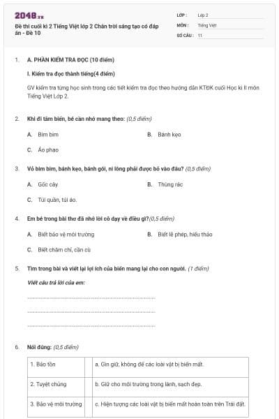 Đề thi cuối kì 2 Tiếng Việt lớp 2 Chân trời sáng tạo có đáp án - Đề 10