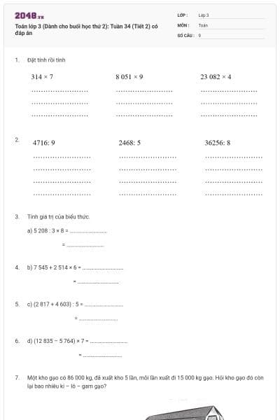 Toán lớp 3 (Dành cho buổi học thứ 2): Tuần 34 (Tiết 2) có đáp án