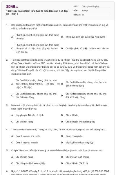 1000+ câu trắc nghiệm tổng hợp Kế toán tài chính 1 có đáp án - Phần 3