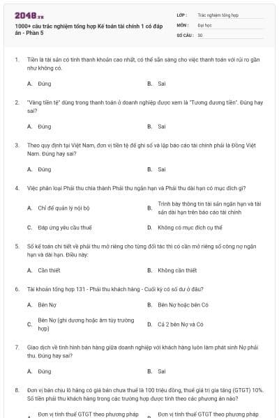 1000+ câu trắc nghiệm tổng hợp Kế toán tài chính 1 có đáp án - Phần 5