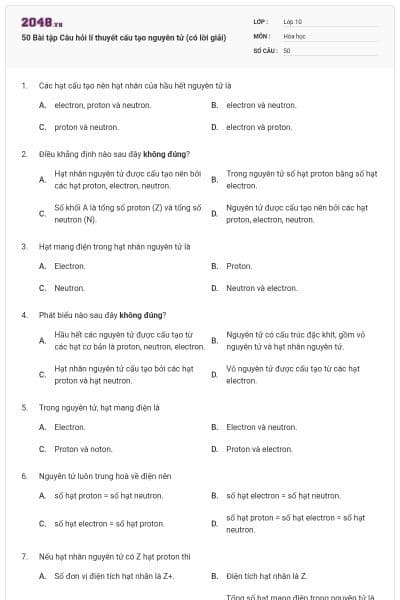 50 Bài tập Câu hỏi lí thuyết cấu tạo nguyên tử (có lời giải)