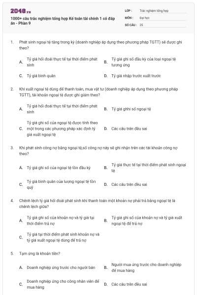 1000+ câu trắc nghiệm tổng hợp Kế toán tài chính 1 có đáp án - Phần 9