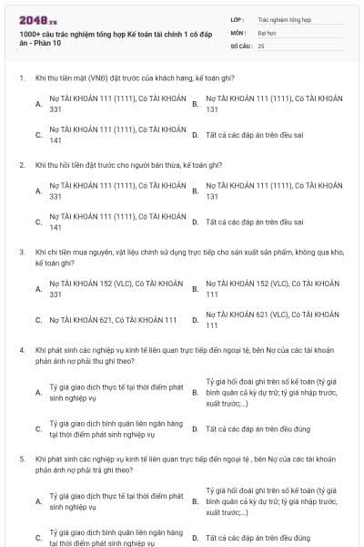 1000+ câu trắc nghiệm tổng hợp Kế toán tài chính 1 có đáp án - Phần 10
